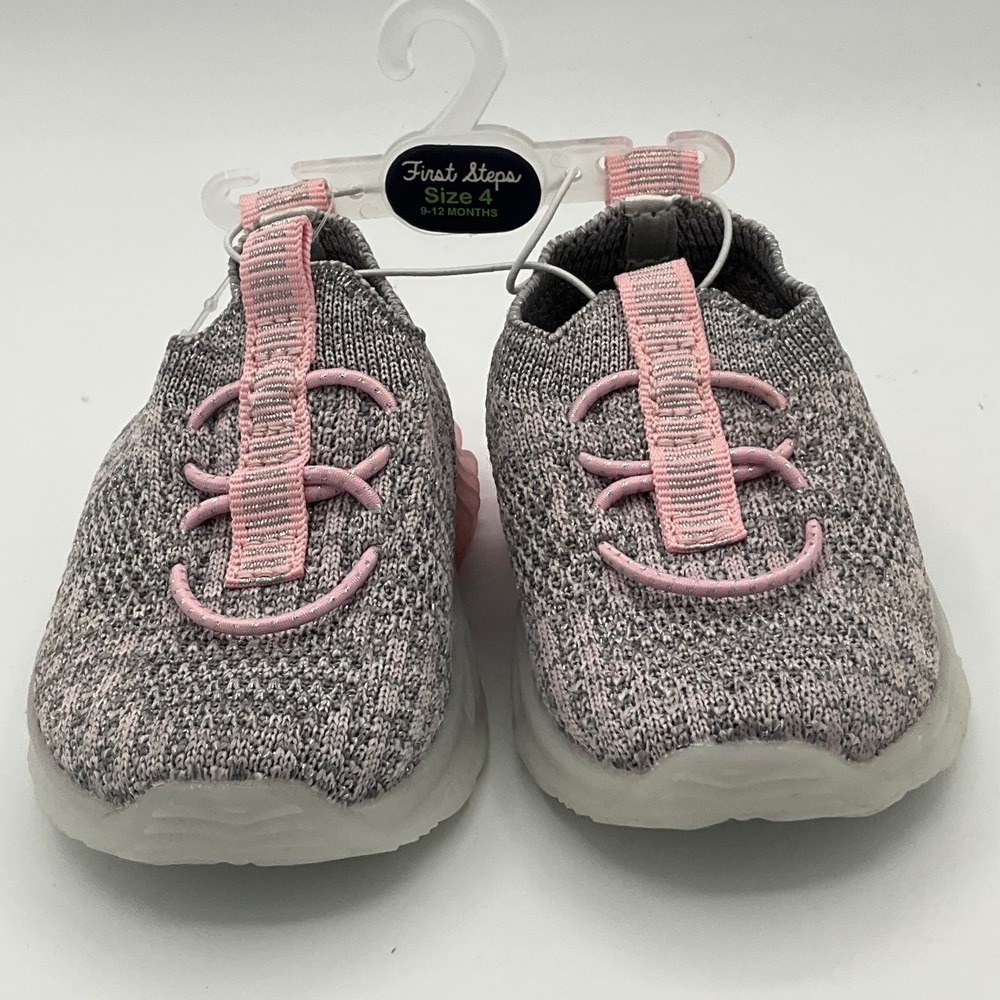 First Steps Toddler Girls Grey Pink Knit Slip On Sneakers Size 4 9-12 Months - Picture 2 of 6